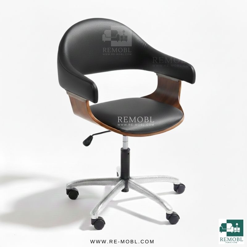 : صندلی اداری مدل چوبی کد 02 با پایه پنج‌پر رنگ استیل و روکش چرم رنگ مشکی – مناسب استفاده اداری | مدل صندلی چوبی