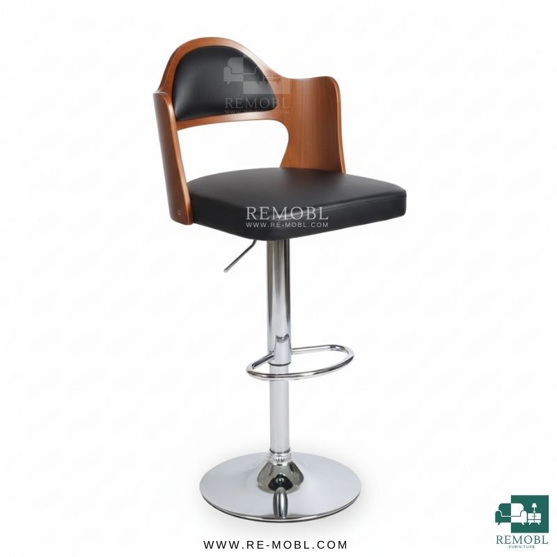 صندلی اپن و کانتر مدل چوبی کد01 با پایه ساده آبکاری استیل و روکش چرم مشکی – مناسب اپن و کانتر | مدل چوبی کد01